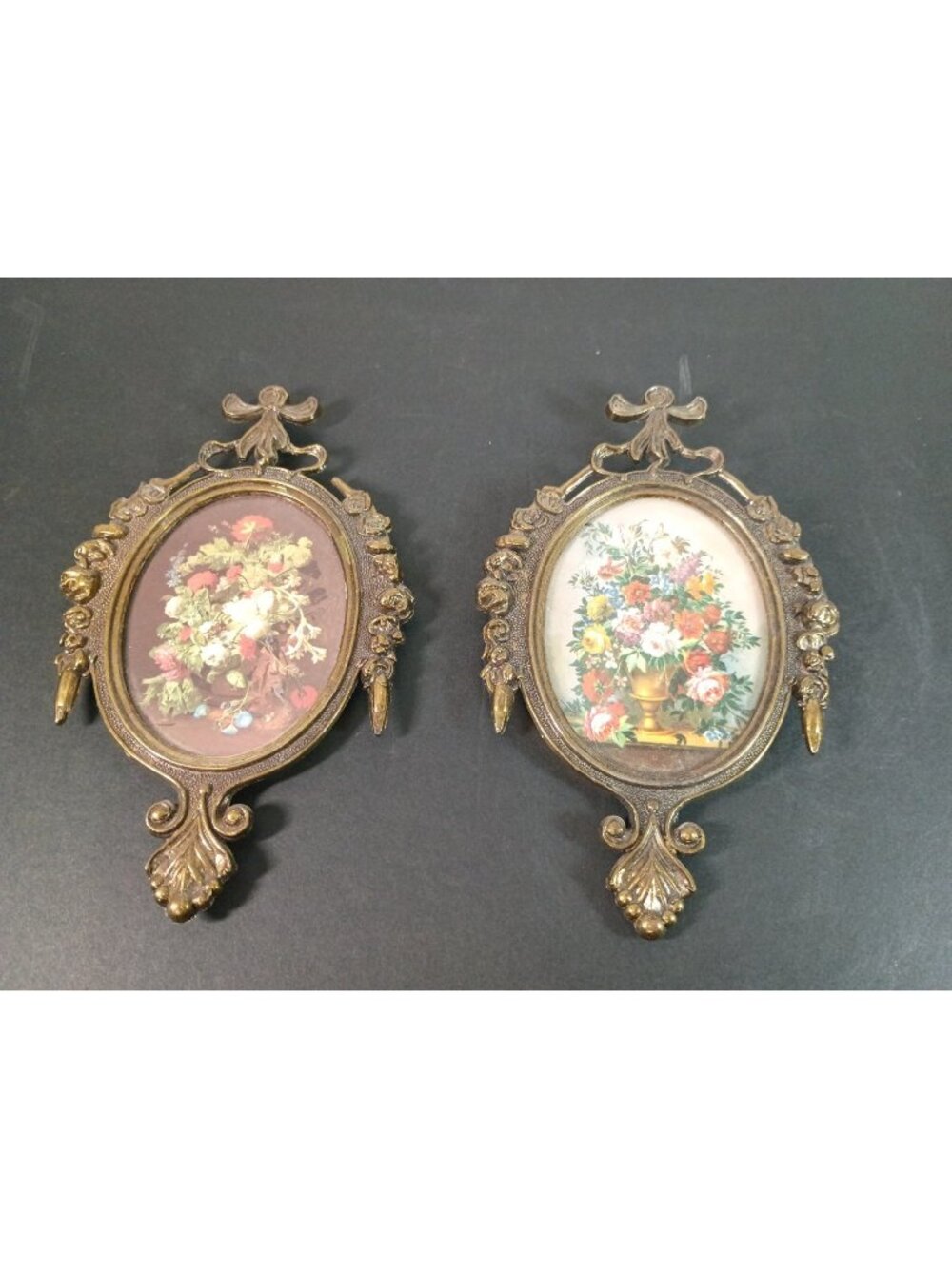 Two Vintage Italian Solid Brass Oval Frame Floral 6.5" Miniature Made in Italy